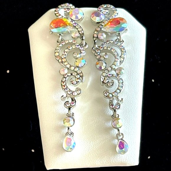 Rhinestone Dangle Earrings Silver AB Crystal Drop Earrings Prom Dress Earrings - Picture 7 of 12